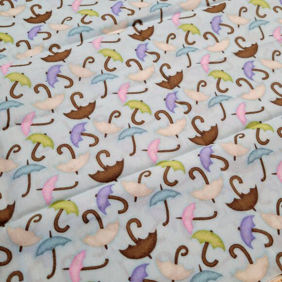 Cotton Fabric Umbrellas Pastel Rain Weather 19" x 44" Blue Pink Green Brown - Picture 4 of 8
